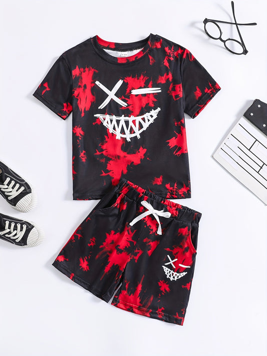 Boys Face Graphic Outfit Round Neck T shirt & Shorts For Summer Kids Clothes