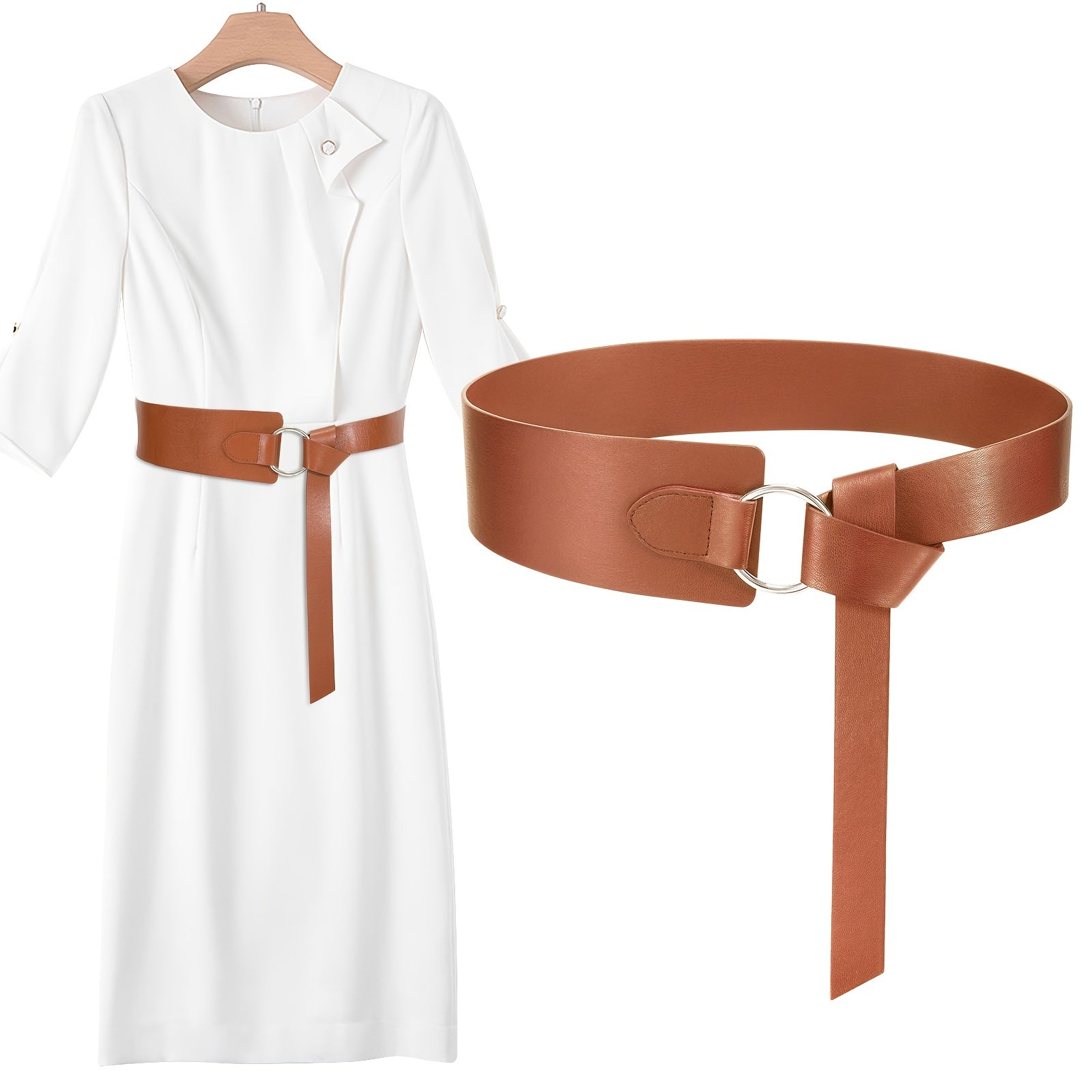 Wide PU Leather Waist Belt Knot Adjustable Belt O Ring Buckle