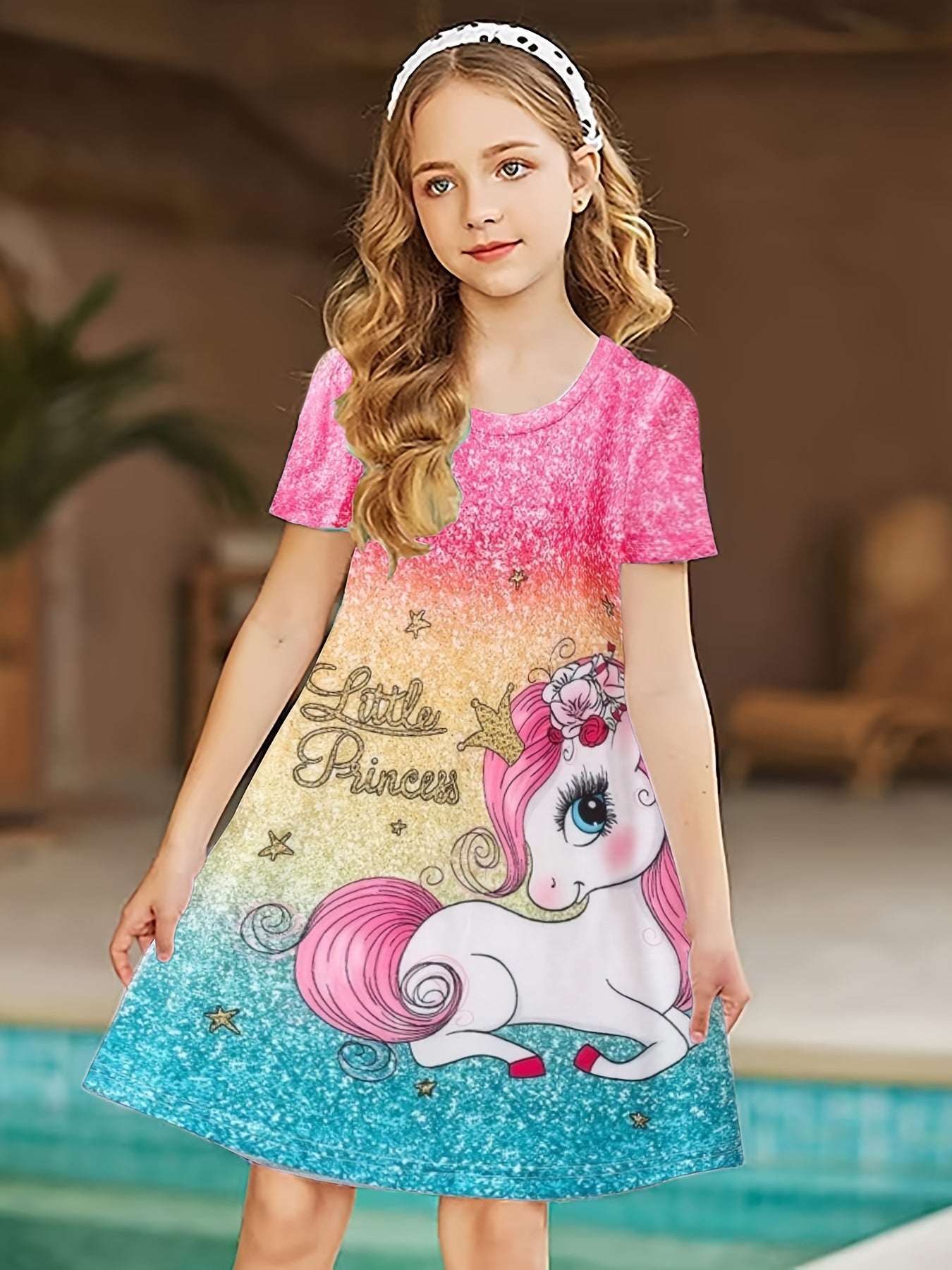 Girls Unicorn Print Short Sleeve Dress Summer Clothes