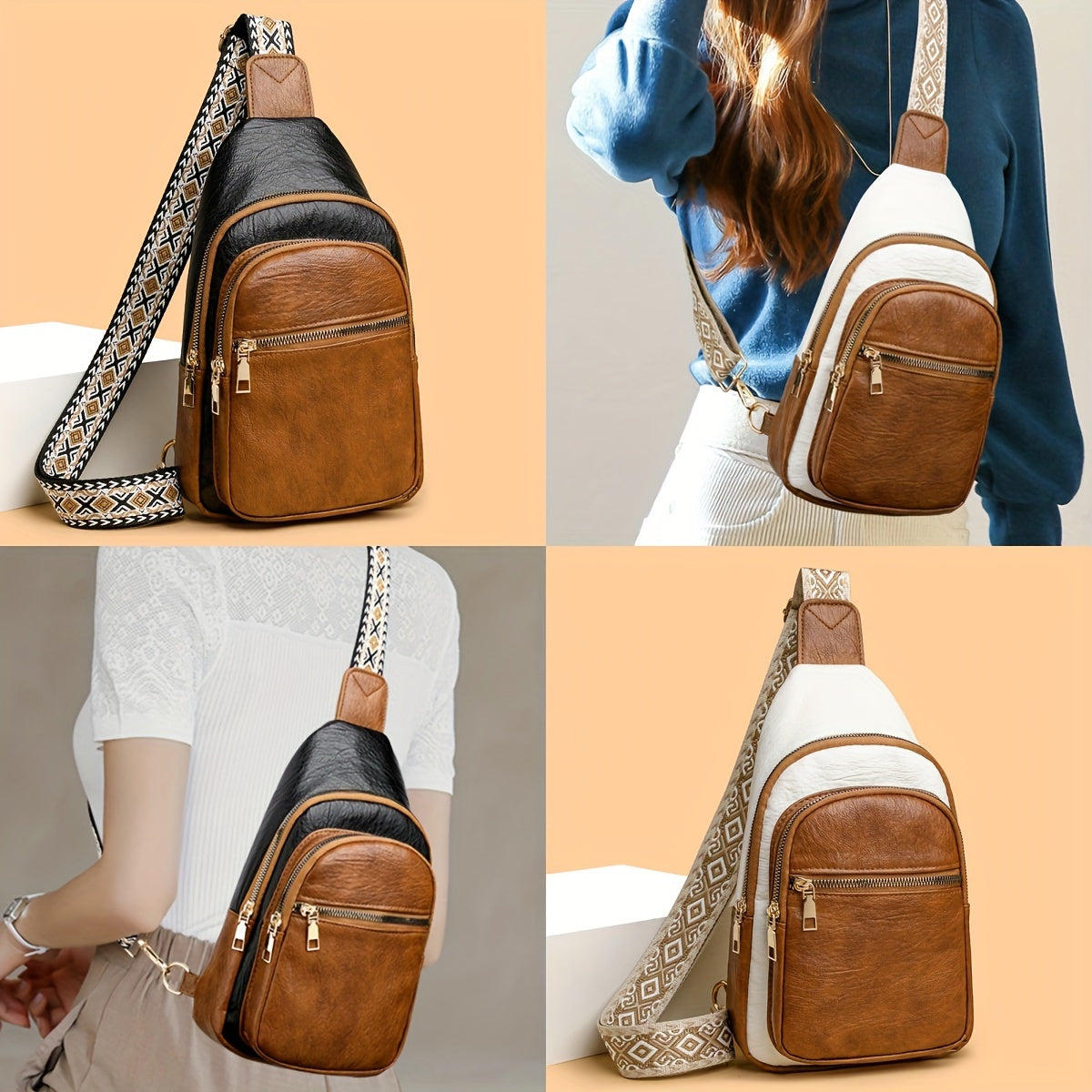 Women's Two Tone PU Leather Sling Chest Bag