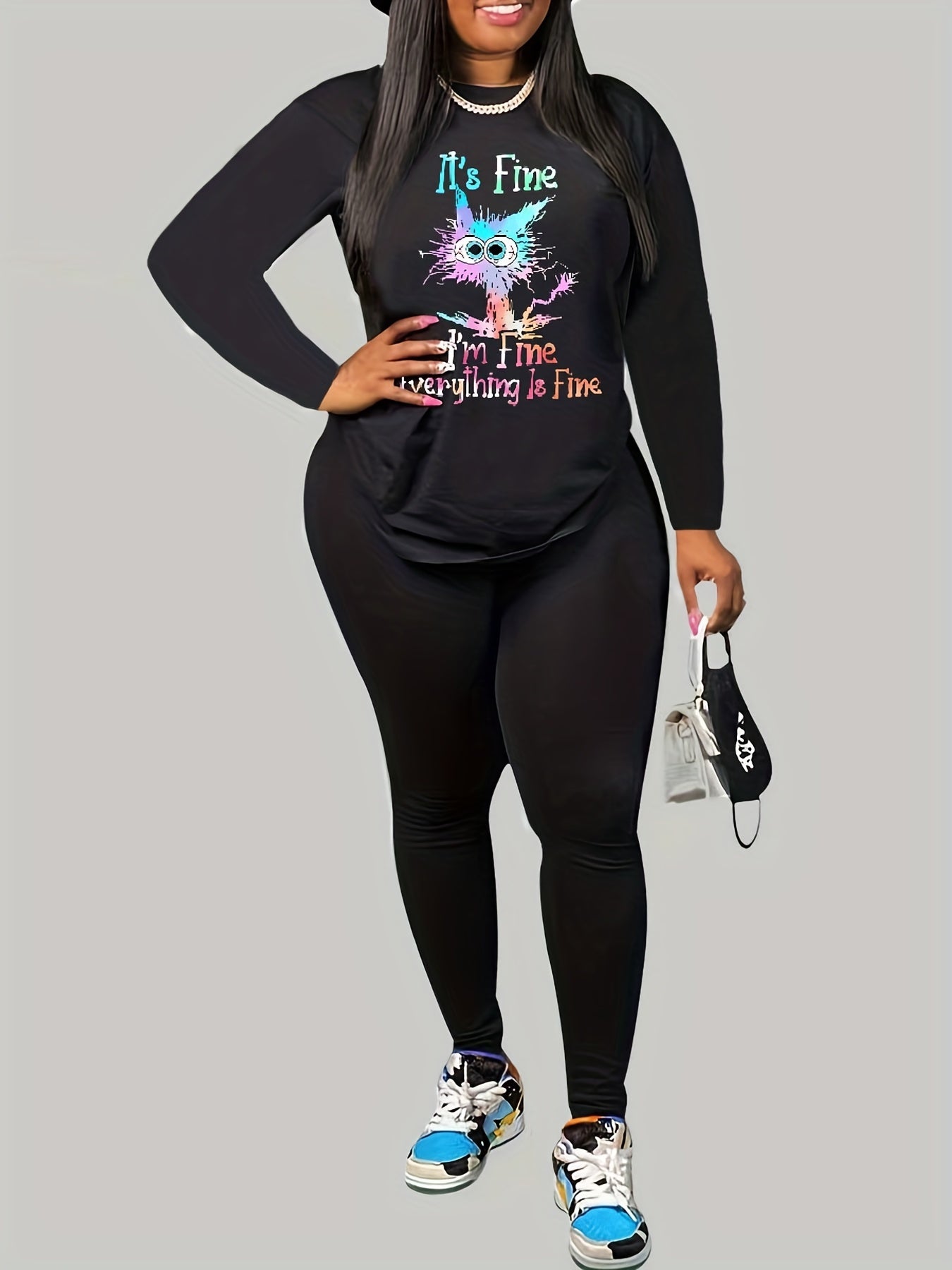  Slogan & Cat Print 2 Piece Set