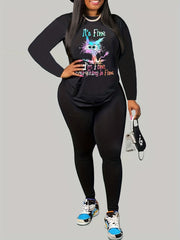  Slogan & Cat Print 2 Piece Set