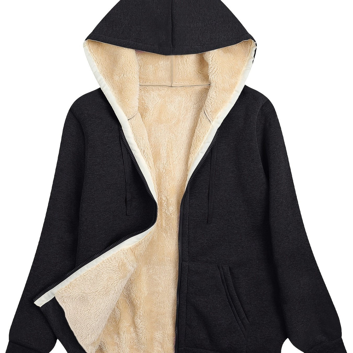 Fuzzy Hooded Jacket Casual Zip Up Drawstring Long Sleeve Solid Outerwear