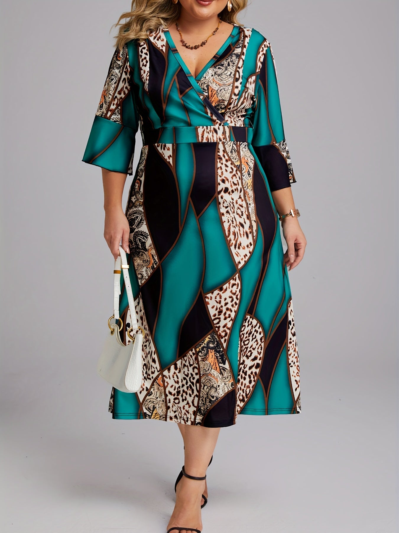  Colorblock Leopard Print Surplice Neck Dress