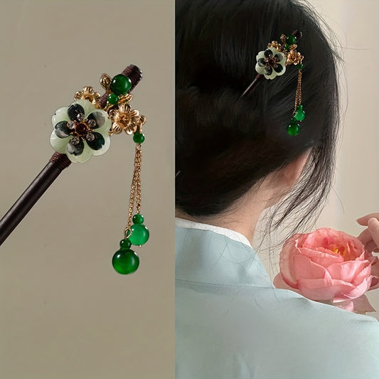 Chinese Floral Hairpin Faux Jade Pendant Wooden Hair Stick Ponytail Holder