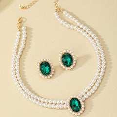 Vintage Emerald Stud Earrings & Faux Pearl Choker Necklace Set