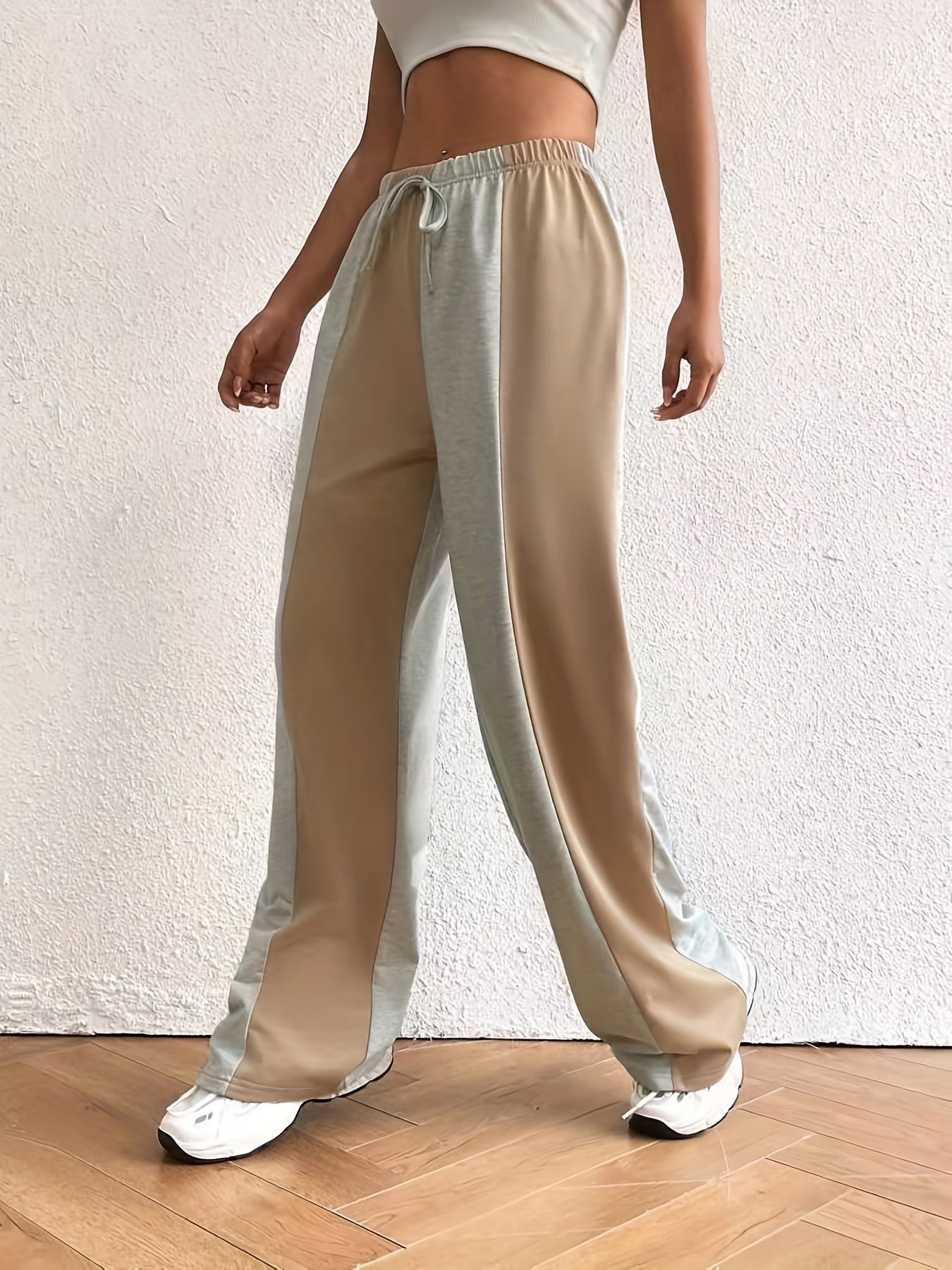  Colorblock Wide Leg Tie Front Pants