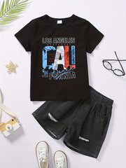 Alphabet T shirt & Denim Shorts Set for Boys Kids Summer Clothes