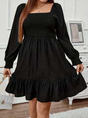  Solid Lantern Sleeve Square Neck Ruffle Dress
