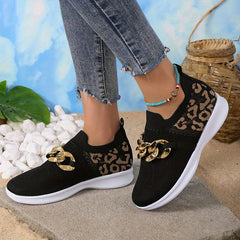 Leopard Print Sneakers with Chain Decor - Breathable Knit Low Top Shoes