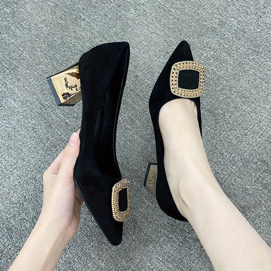 Women's Pointed Toe High Heels Square Metallic Slip On Shoes