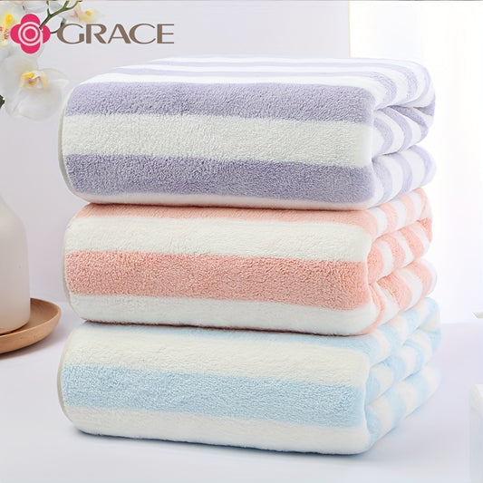 3pcs Striped Pattern Towel Set Absorbent Bath Hand Face Towel Hair Drying Cap