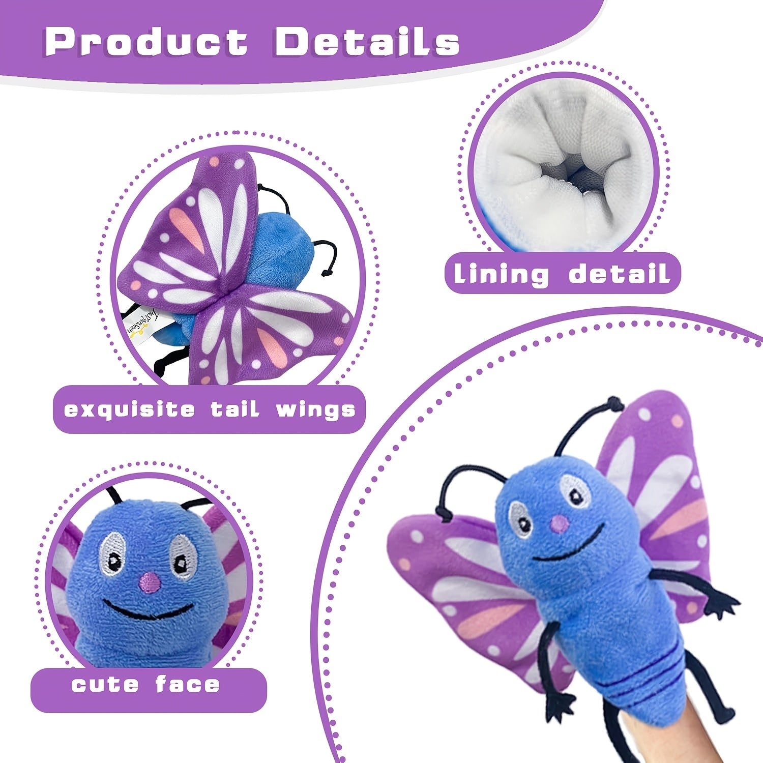 6 Styles Insect Plush Finger Puppets Soft Mini Hand Puppets with Antennae & Eyes