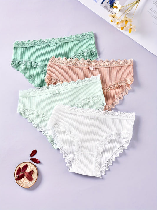 4pcs Lace Trim Ribbed Briefs Stretchy Intimates Panties