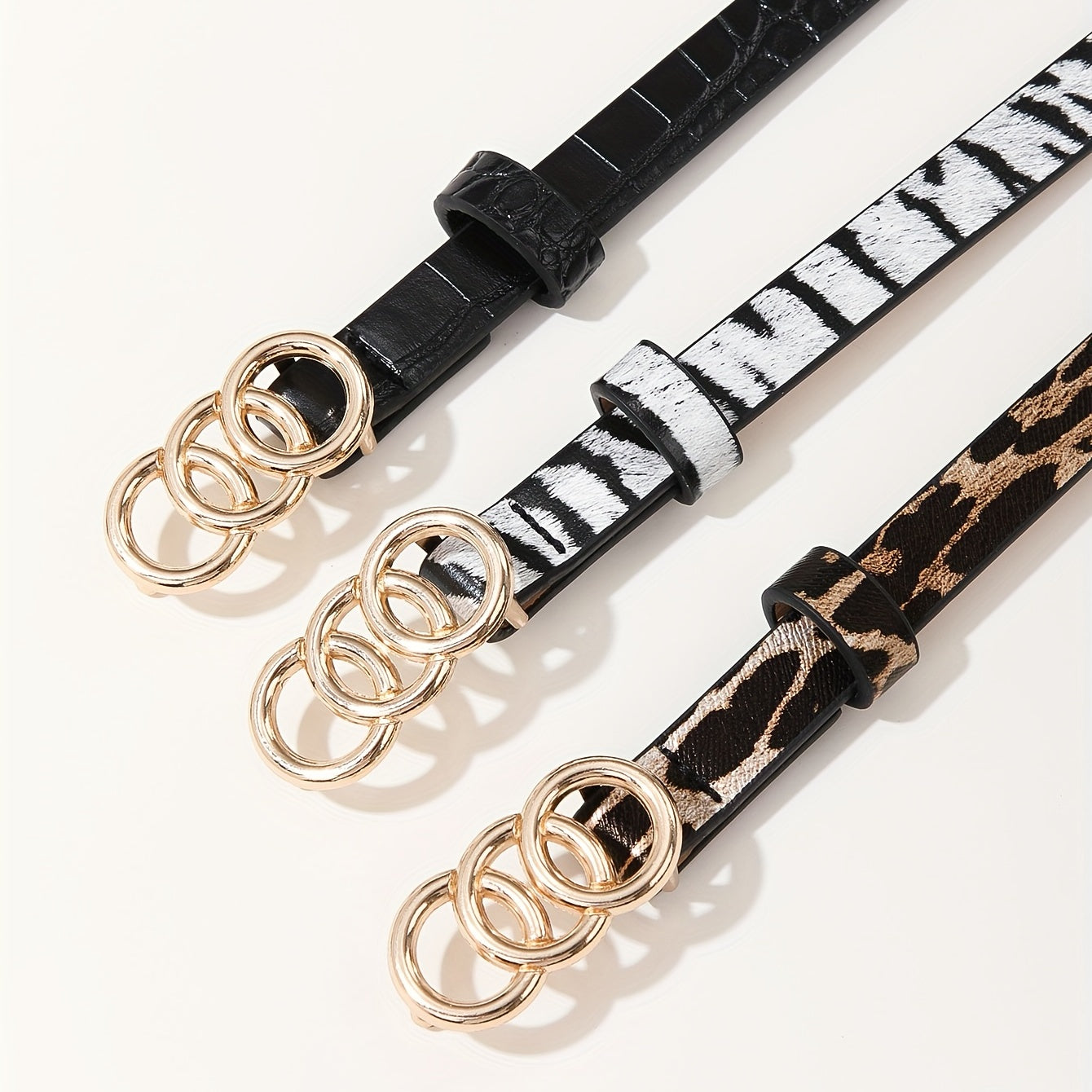 3pcs Triple Ring Buckle Belt Classic PU Belt Thin Jeans Waistband for Women
