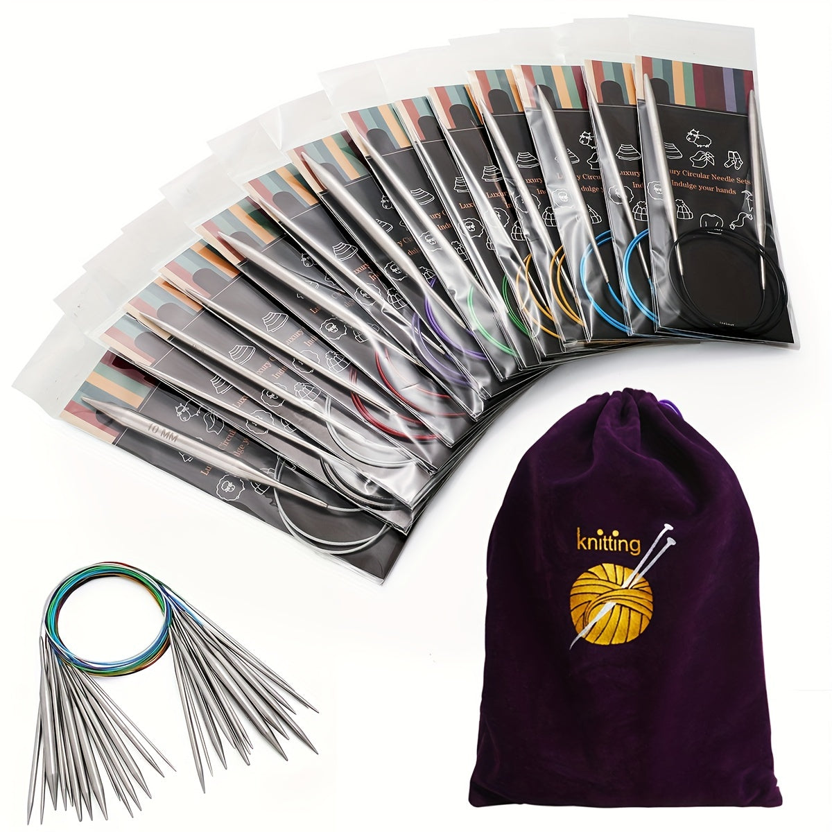9pcs Circular Knitting Needles Set Stainless Metal Yarn Knitting Needle Tools