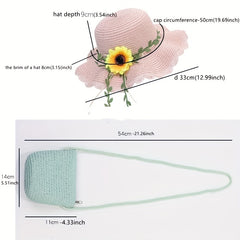 Girls Ruffled Straw Hat & Crossbody Bag Set with Sunflower Decoration