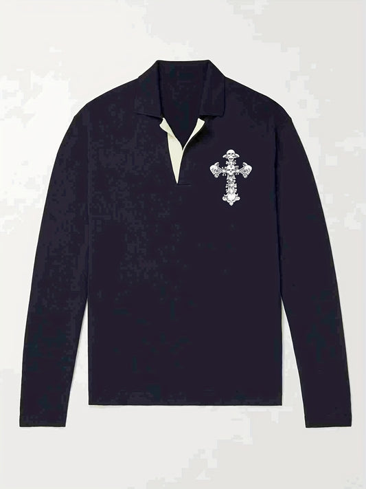 Knitted Cross Print Sweater Men's Warm V Neck Pullover For Fall Winter