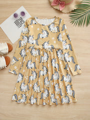 Girls Christmas Tree Print Crew Neck Dress