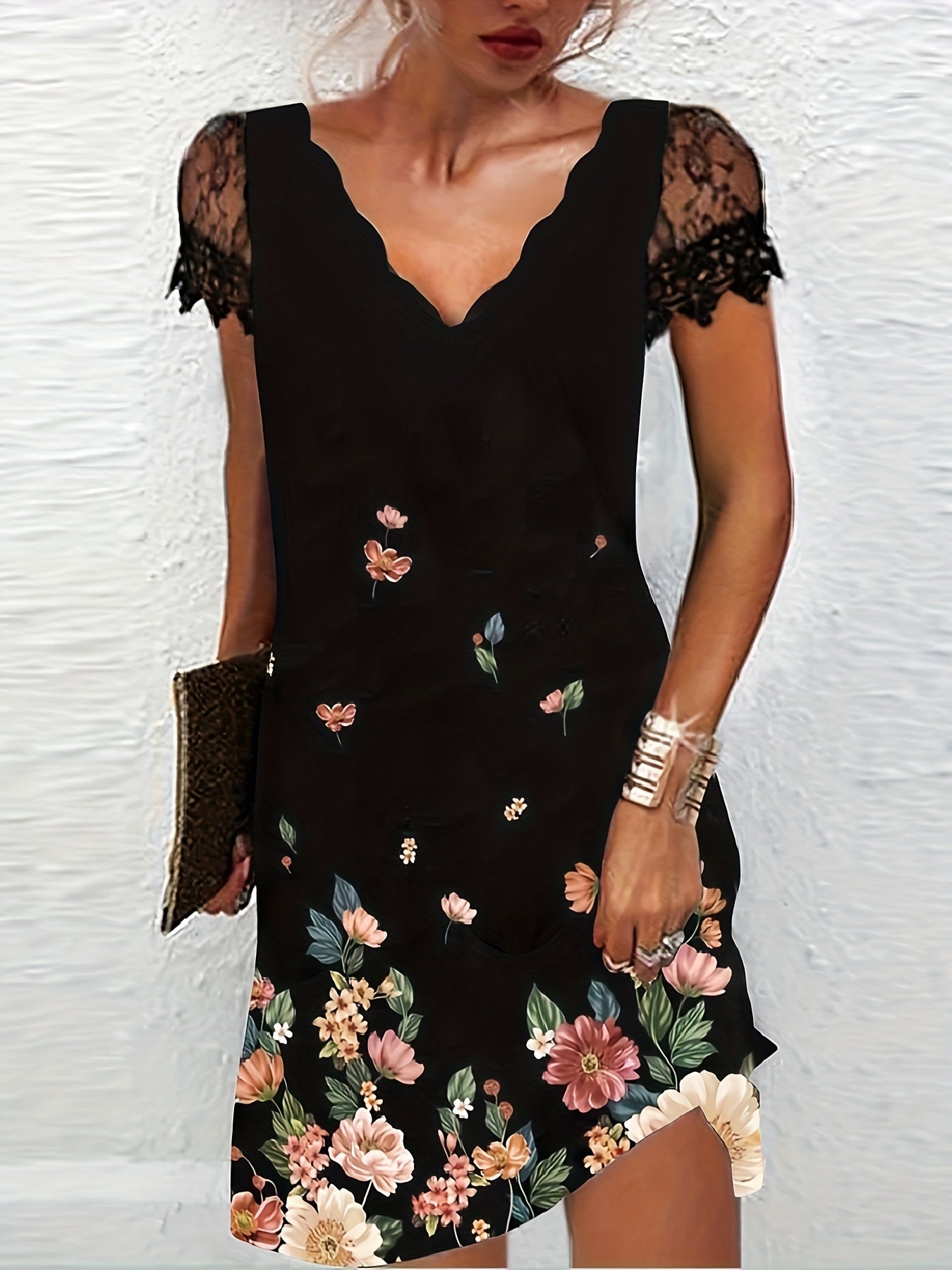 Floral V-Neck Scallop Trim Lace Dress Short Sleeve