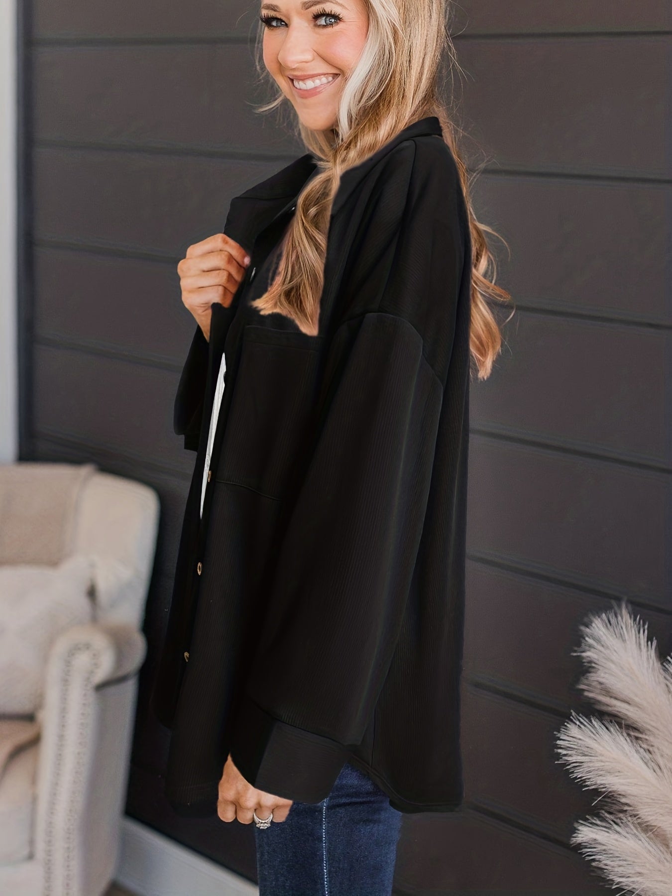  Solid Ribbed Button Up Long Sleeve Blouse