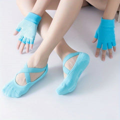 Non Slip Yoga Set with Gloves & Cross Strap Socks