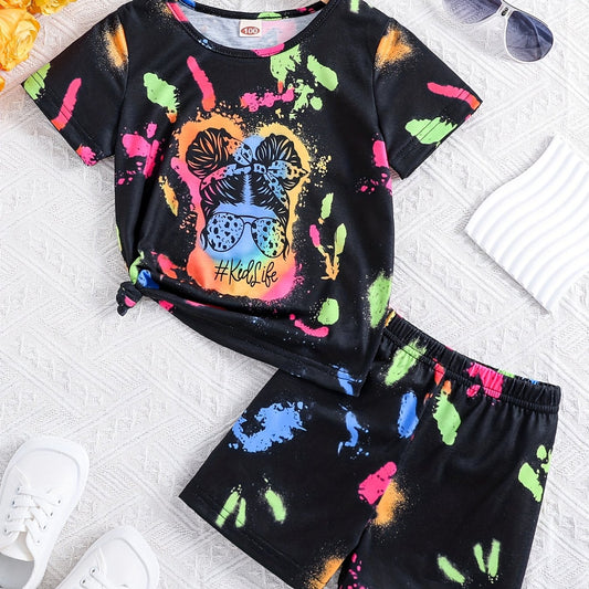 Kids Fluorescent Graphic T shirt & Short Set For Summer