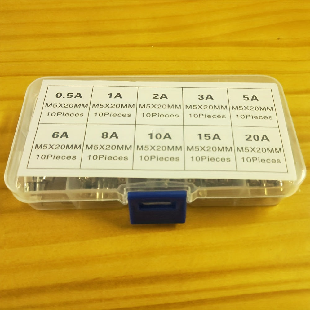 100pcs 5x20mm Fast Blow Glass Fuse Assortment 0.2A-20A Kit