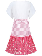 Striped Polka Dot Stitching Dress V Neck Short Sleeve Flared Dress