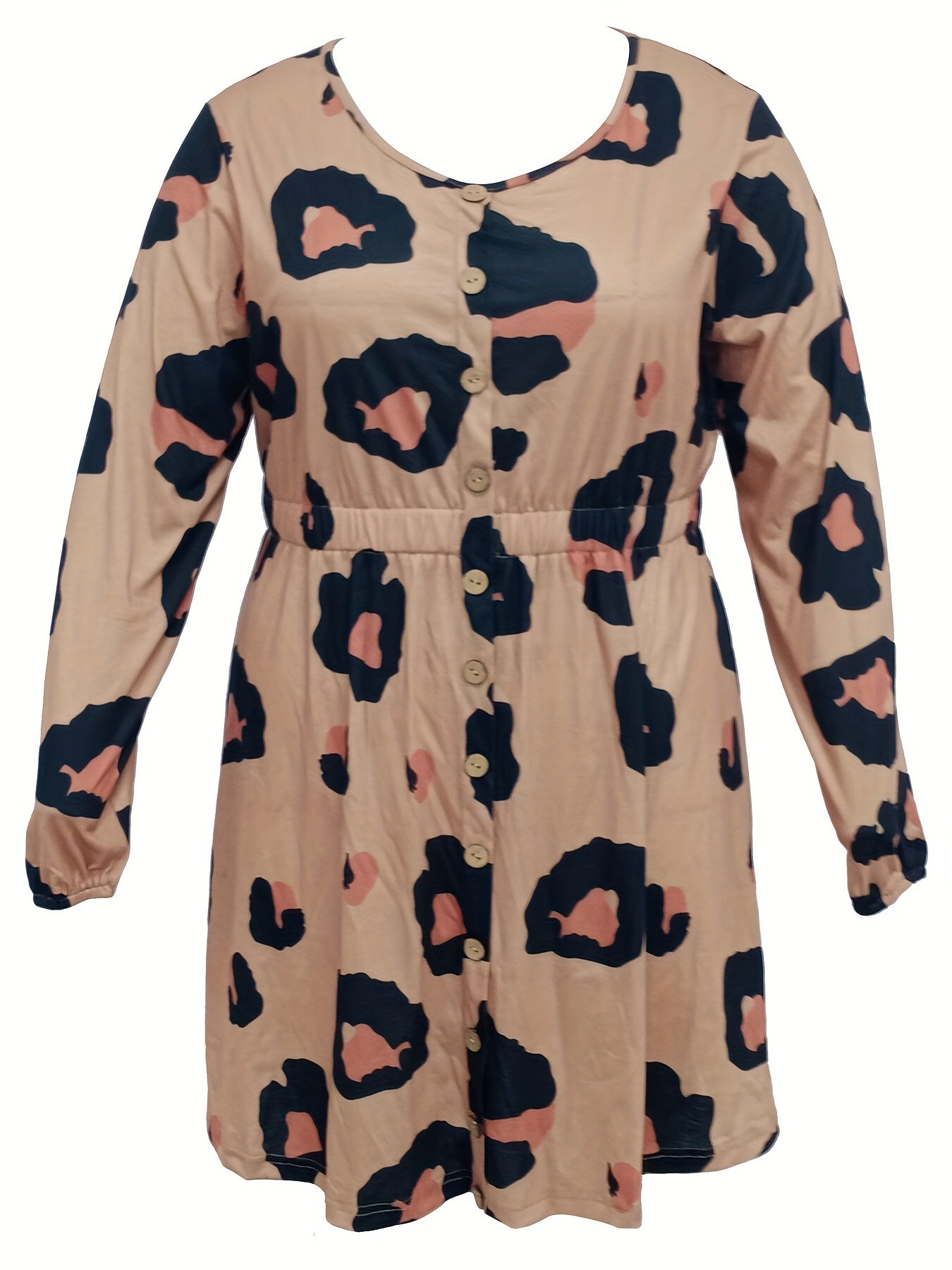 Leopard Print Button Decor Long Sleeve Plus Size Casual Dress