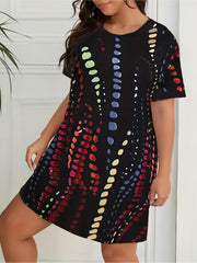  Tie Dye Print Lounge Dress Short Sleeve Round Neck Sleep Tee