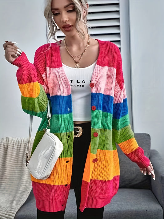 Rainbow Striped Knit Cardigan V-Neck Button Front Sweater