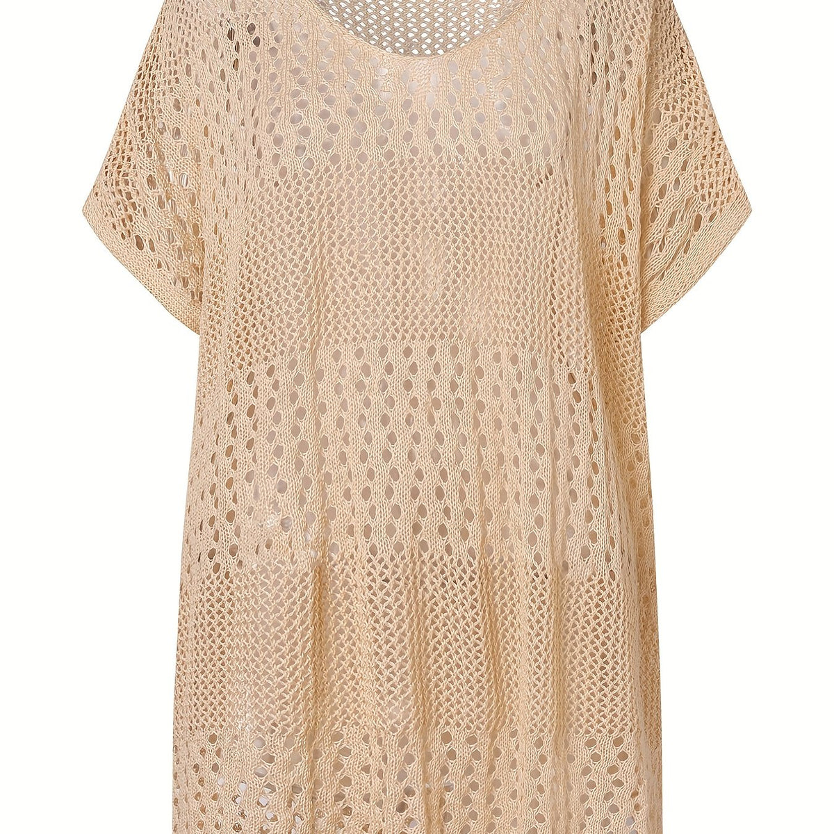 Apricot Crochet Eyelet Hollow Cove Up Dress Shorts Sleeve Solid Vacation Boho