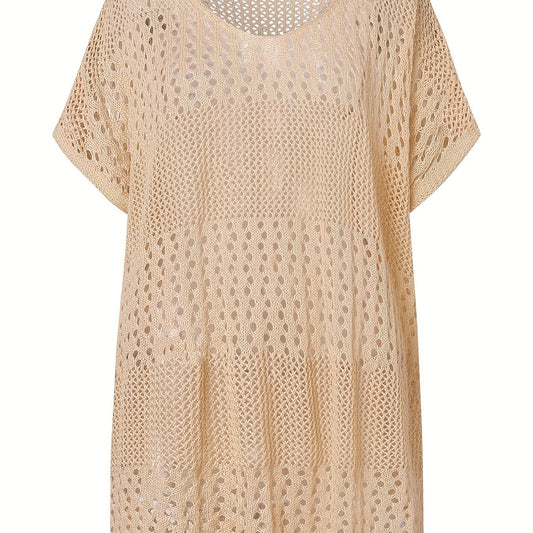 Apricot Crochet Eyelet Hollow Cove Up Dress Shorts Sleeve Solid Vacation Boho