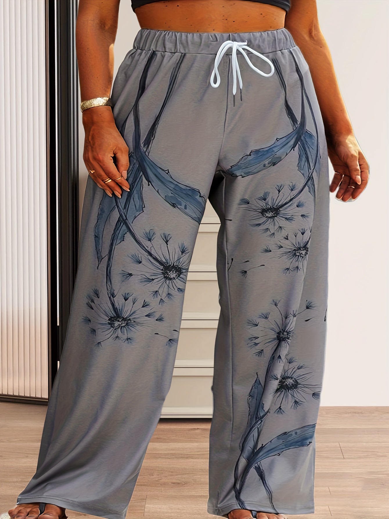Plus Size Casual Pants Women's Plus Dandelion Print Sporty Trousers
