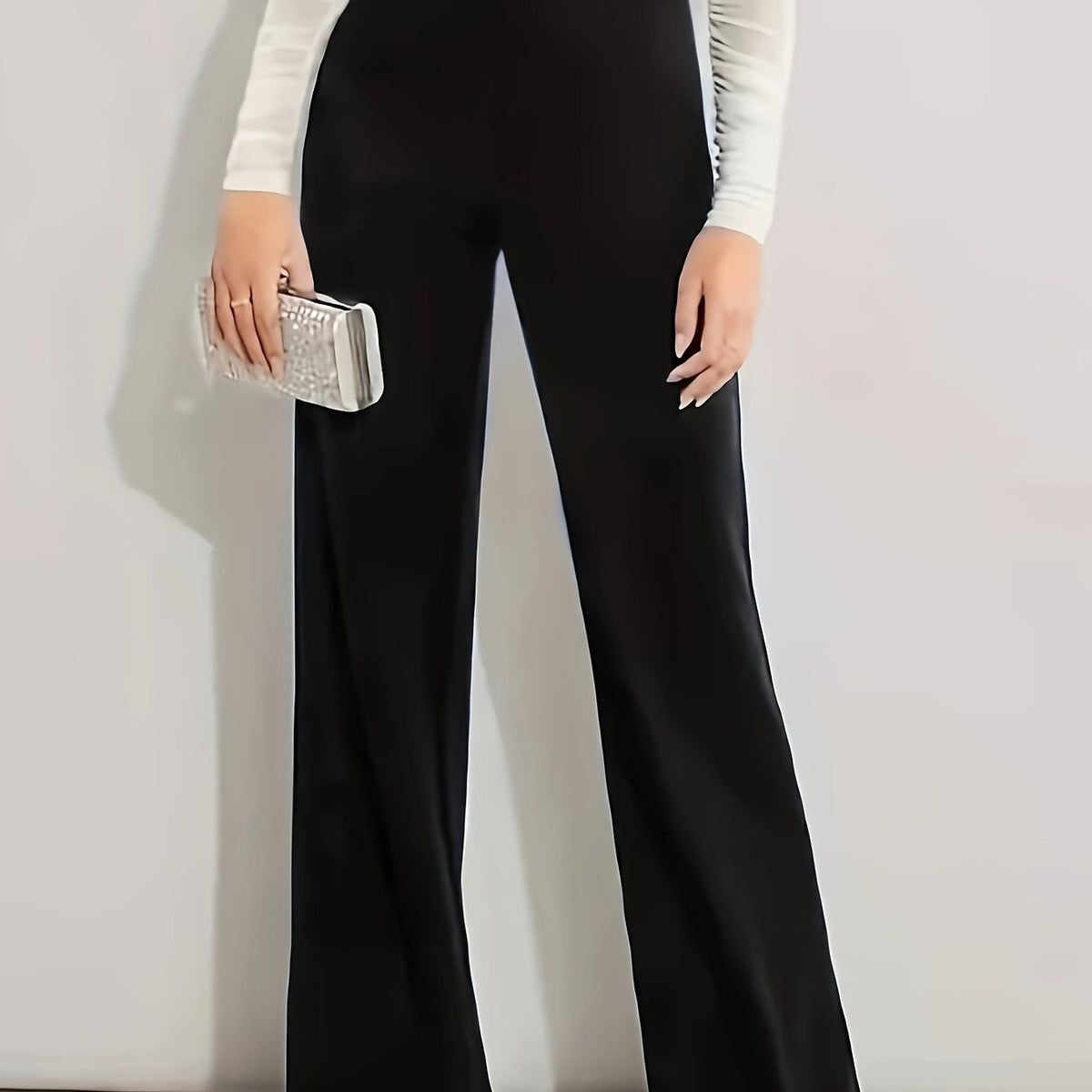  Solid High Rise Wide Leg Trousers