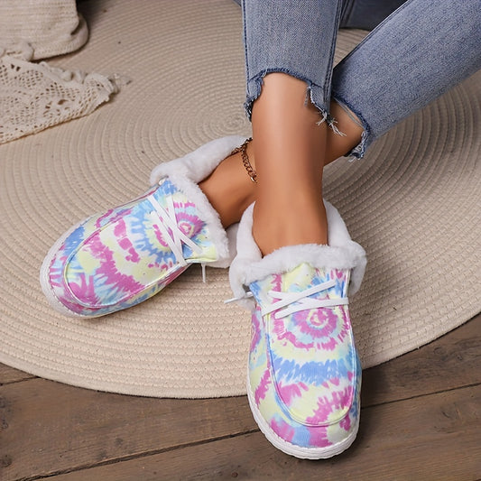 Women's Tie Dye Fluffy Snow Boots Warm & Comfy Slip On Flat Shoes