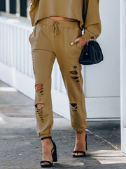  Solid Ripped Drawstring Waist Joggers With Pockets