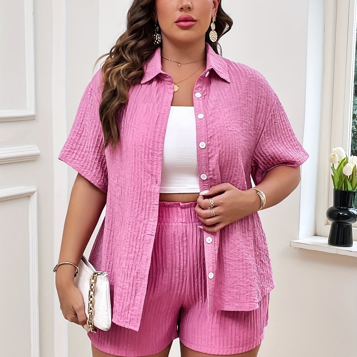 Women's Plus Solid Button Up Drop Shoulder Blouse & Shorts Set