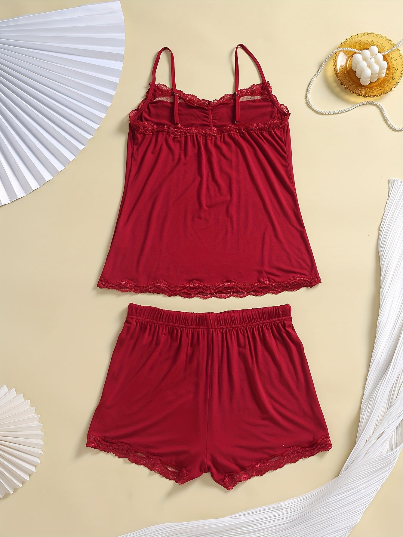  Lace Trim Pajama Set Cami Top & Shorts 2 Piece