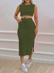 Casual Two Piece Set Sleeveless Top & Split Skirt Outfit