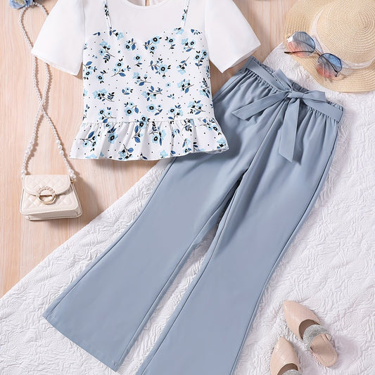 Girls' Boho Floral Top & Flare Leg Pants Casual Suit For Summer