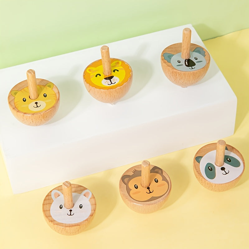 6pcs Wooden Spinning Top Toys Cartoon Fruit Animal Theme Patterns Classic Game