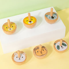 6pcs Wooden Spinning Top Toys Cartoon Fruit Animal Theme Patterns Classic Game