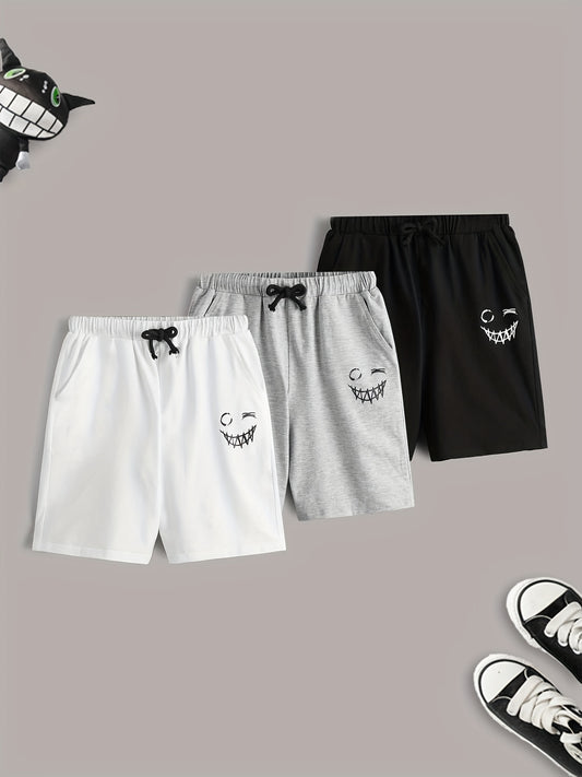 3pcs Smiling Print Boys Quick Drying Shorts for Summer Outdoor