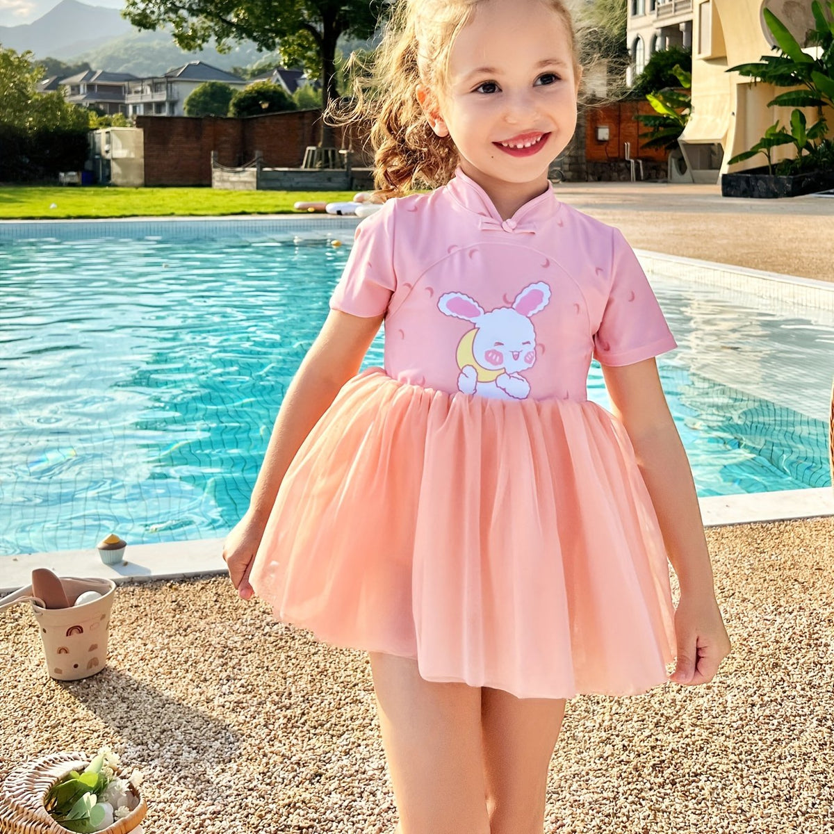 Girls Bunny Print Sun Protection Swimwear Qipao Style Bathing Suit