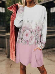 Plus Floral Print Long Sleeve Tee Dress with Pockets
