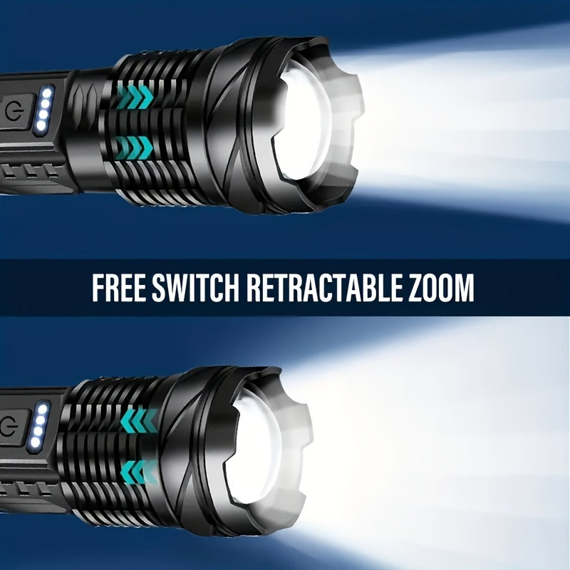 Rechargeable Waterproof Flashlight With Side Light & Zoomable Red Light