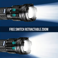 Rechargeable Waterproof Flashlight With Side Light & Zoomable Red Light