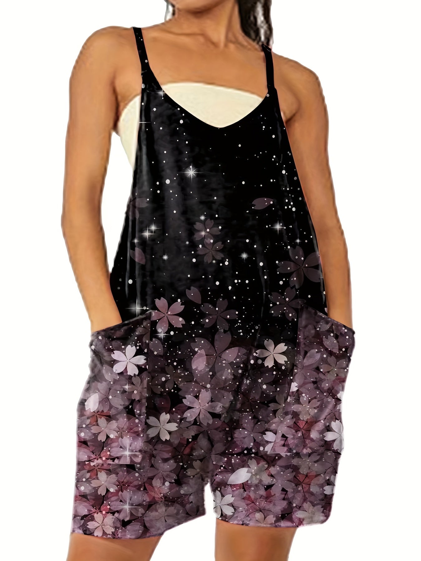 Floral Print Plus Size Casual Cami Romper with Pockets